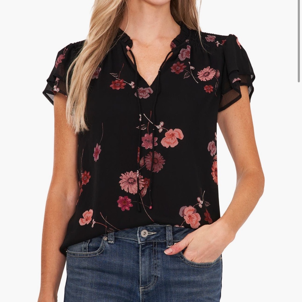 CeCe Black Floral Blouse